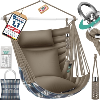 KESSER® Hängesessel Haiti 150kg Traglast, Hängestuhl 360° Drehung, Hängeschaukel Indoor-Outdoor UV-beständig & Wasserfest, Pflegeleicht, Inkl. 2 Kissen, Tragetasche, Flaschenhalter & Montage-Set Mocca