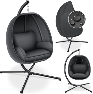 KESSER® Luxe Hängesessel mit Gestell + weicher Sitzkissen, Seitenpolsterung, Sitz- und Rückenkissen Hängekorb Indoor & Outdoor, Garten Schaukel Korb Hängestuhl Stabiler Standfuß, max. 150 kg Anthrazit