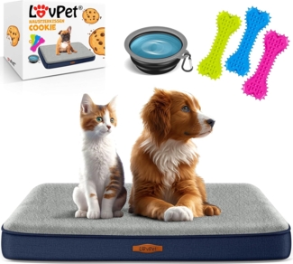 Lovpet® 'Cookie' Hundebett, orthopädisches, Inkl. Napf, 3x Kauknochen, Bezug abnehmbar und waschbar, Schaum / Plüsch / PP-Cotton, Navyblau / Hellgrau, M (76 x 51 x 7.6 cm)