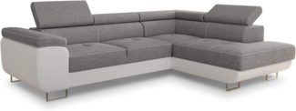Ecksofa Caris mit Schlaffunktion, Bettkasten und einstellbare Kopfstützen (Weiß + Grau (Soft 017 + Sawana 21), Ecksofa Rechts)