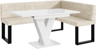 MEBLINI Eckbank für Esszimmer mit ausziehbarem Tisch - Küchenbank - Essecke - Sitzecke Küche - PETER - U-Beine 128x168x87cm Rechts - Creme Samt/M Weiß Hochgl.