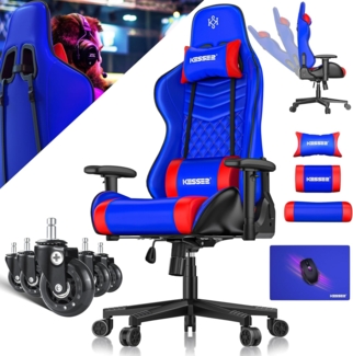 KESSER® Gaming Stuhl Ergonomisch Bürostuhl mit Kopfstütze & Lendenkissen | Racing Gamer Stuhl 150kg belastbar | Armlehne 360° | Drehbarer Schreibtischstuhl Gaming Chair + Gummi-Rollen Blau / Rot