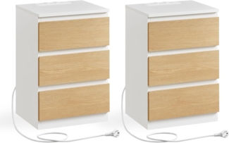 VASAGLE Nachttisch mit Steckdosenleiste, 2er Set, Beistelltisch, 3 Schubladen, 2 AC-Steckdosen, 2 USB-A-Anschlüsse, Wohnzimmer, Schlafzimmer, Arbeitszimmer, modern, wolkenweiß-mandelgelb LET831Y01