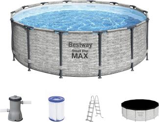 Bestway® Steel Pro MAX™ Frame Pool Komplett-Set mit Filterpumpe Ø 427 x 122 cm, Steinwand-Optik (Cremegrau), rund