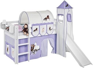 Lilokids 'Jelle' Spielbett 90x200 cm, Pferde Lila Beige, Kiefer massiv, mit Turm, Rutsche und Vorhang