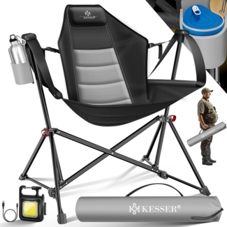 KESSER® Campingstuhl faltbar Schaukelstuhl bis 160 kg | Angelstuhl Faltstuhl Klappstuhl Gepolstert | Campinglicht und Getränkehalter + Tasche mit hoher Rückenlehne | Strandstuhl mit Wippfunktion Grau / Schwarz