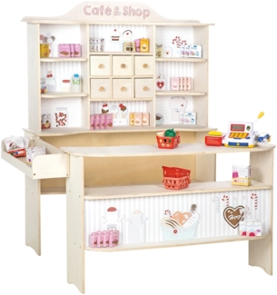 roba 'Café & Shop' Verkaufsstand, mit 6 Schubladen, Seitentheke & Theke mit Bedruckung, inkl. Zubehör, Holz natur, 107 x 95 x 120,5 cm