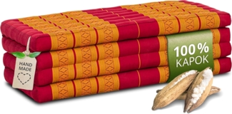 Nachhaltige Klappmatratze aus Kapok, breite Gästematratze vierteilig, Faltbare Matratze, ökologische Yogamatte, klappbares Gästebett, Liege für Garten und Balkon 200 x 110 x 8 cm (Rot/Gelb)