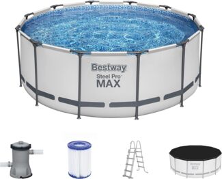 Bestway Steel Pro MAX Frame Pool Komplett-Set mit Filterpumpe Ø 366x122 cm, lichtgrau, rund, Grau