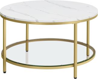 Vasagle Couchtisch mit Glasplatte, Holz / Stahl, Marmorweiß-Gold, Ø 80x46 cm