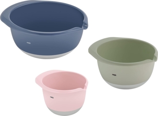 Emsa Prep&Bake 3-teiliges Rührschüssel-Set aus Kunststoff | 1,4 + 2,8 + 4,7 Liter | Rutschfester Boden | Stapelbar | Rosa, Grün, Blau
