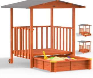 Spielwerk Sandkasten 'Merle' mit Dach und Veranda, Fichtenholz braun, 130 x 225 x 143 cm