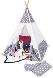 Pinolino 'Jakara' Tipi mit Fenster, Bodenmatte & Aufbewahrungsbeutel, Holz / Baumwolle / Polyester, 120 x 120 x 155 cm, Grau / Weiß