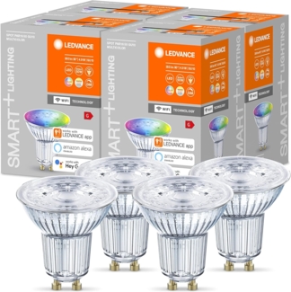LEDVANCE Smarte LED-Reflektorlampe mit WiFi Technologie, Sockel GU10, Lichtfarbe änderbar (2700-6500K), RGB Farben änderbar, Dimmbar, ersetzt Reflektorlampen mit 50 W, SMART+ WiFi SPOT RGBW, 4er-Pack