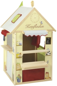 Roba Spielhaus mit Kaufladen, Kasperletheater, Tafel, Schalter, Kiosk & Zubehörset, MDF gelb, 82,5 x 94,5 x 138 cm
