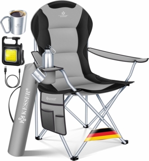 KESSER® Campingstuhl faltbar bis 150 kg Angelstuhl Faltstuhl Klappstuhl Gepolstert mit Armlehnen, Campinglicht und Getränkehalter + Tasche mit hoher Rückenlehne, Strandstuhl, Klapphocker Grau / Schwarz