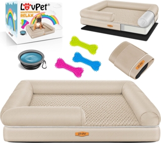 Lovpet® Orthopädisches Hundebett Hundekissen Hundekorb Relax, Inkl. Napf + 3X Kauknochen, Hundesofa für Kleine, Mittelgroße & Große Hunde, Bezug abnehmbar und waschbar, Beige, M (91 x 71 x 25 cm)