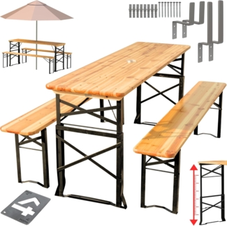 Holz4home Bierzeltgarnitur mit Sonnenschirmhalterung, 3-teilig, klappbar, Tannenholz natur, 167 x 50 x 75-101 cm