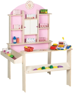 roba Kaufladen mit Theke, Uhr, Rückwand & Schiebetüren, inkl. Kaufladenzubehör, Holz rosa, 90 x 75 x 112,5 cm