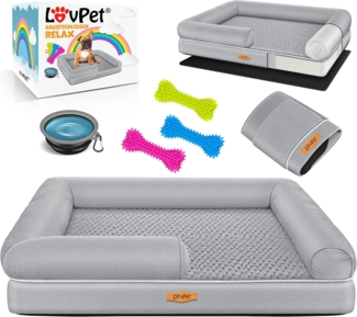 Lovpet® Orthopädisches Hundebett Hundekissen Hundekorb Relax, Inkl. Napf + 3X Kauknochen, Hundesofa für Kleine, Mittelgroße & Große Hunde, Bezug abnehmbar und waschbar, Grau, M (91 x 71 x 25 cm)