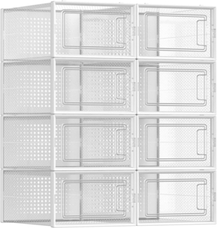 Songmics Schuhboxen, 8er Set, Schuh-Organizer aus Kunststoff, faltbar und stapelbar, für Schuhe bis Größe 44, transparent-weiß LSP08SWT
