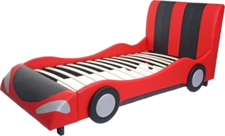 Bett HWC-E14, Auto Junge Kinderbett Jugendbett, Lattenrost Kunstleder Holz 190x100 cm ~ schwarz-rot
