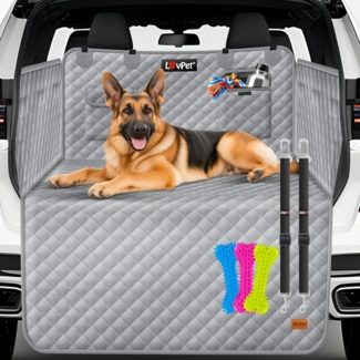 LOVPET® Kofferraumschutz Hund gesteppt mit Seiten- und Ladekantenschutz | Universale Kofferraum-Schutzmatte für Hunde | Hundedecke Wasserabweisend & Kratzfest mit Sicherheitsgurt und Zubehör Grau
