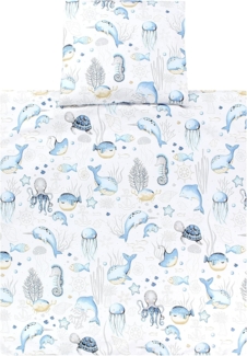 TupTam Unisex Baby Wiegenset 4-teilig Bettwäsche-Set: Bettdecke mit Bezug und Kopfkissen mit Bezug, Farbe: Meerestiere Blau, Größe: 80x80 cm