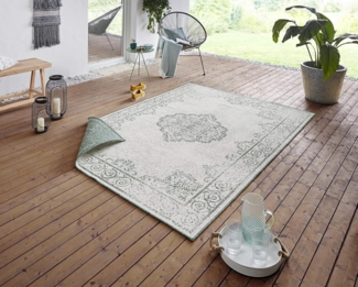 NORTHRUGS In- und Outdoor Teppich Cebu 240x340 cm - Wendeteppich Wetterfest Orientalisches Vintage Design Teppich für Balkon Terrasse Garten Wintergarten Wohnzimmerteppich Wasserfest in Blau Creme