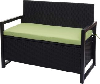 Poly-Rattan 2er Sitzbank HWC-F39, Gartenbank Truhenbank, Staufach Aufbewahrung Sitzkissen ~ anthrazit, Kissen grün