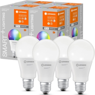 LEDVANCE Smarte LED-Lampe mit WiFi Technologie, Sockel E27, Dimmbar, Lichtfarbe änderbar (2700-6500K), RGB Farben änderbar, ersetzt Glühlampen mit 100 W, SMART+ WiFi Classic Multicolour, 4er-Pack