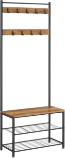 Vasagle Garderobenständer, Kleiderständer mit Schuhablagen, Schuhregal mit Sitzfläche, für Flur, mit Haken, 3 Ablagen, aus Metall, Höhe 175 cm, Industrie-Design, walnussbraun-schwarz HSR041B41