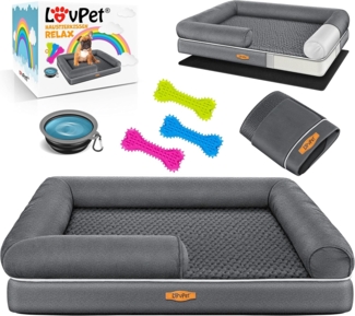 Lovpet® Orthopädisches Hundebett Hundekissen Hundekorb Relax, Inkl. Napf + 3X Kauknochen, Hundesofa für Kleine, Mittelgroße & Große Hunde, Bezug abnehmbar und waschbar, Anthrazit, M (91 x 71 x 25 cm)