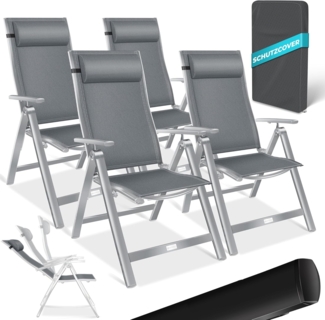 KESSER® Gartenstuhl Hochlehner mit Armlehnen | Aluminium Klappstuhl inkl. Kopfkissen Campingstuhl 7-Fach Verstellbar Rückenlehne | Atmungsaktiv & Wetterfest | Klappbar & Anti-Rutsch Hellgrau, 4 Stück