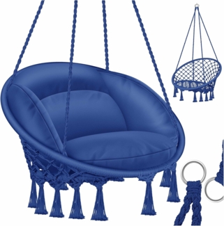 KESSER® Hängesessel 150kg mit 2 Stahlringe Sitzpolster geflochten Fransen Hängestuhl Hängekorb Schaukelkorb Garten Indoor wetterfest, wasserabweisend, Navyblau