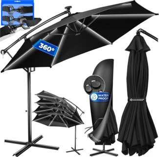 Kesser® Sonnenschirm LED Solar mit Abdeckung, Polyester / Aluminium schwarz, Ø 300cm