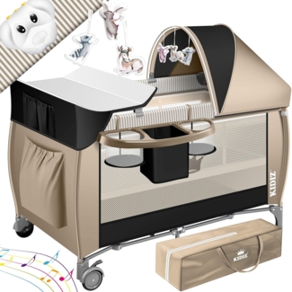 KIDIZ® Babybett 3 in 1 Reisebett Kombi Set Baby Bett mit Wickelauflage Moskitonetz Laufstall Baby ab Geburt bis 15 kg luftige Seitenwände mit Seiteneingang Tragetasche zusammenklappbar Schwarz / Beige