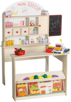 Roba 'Kaufladen Minishop' mit Theke, Tafel, Schiebetür & Markststand-Druck, inkl. Kaufladenzubehör, Holz natur, ab 3 Jahren, 89 x 74,5 x 114,5 cm