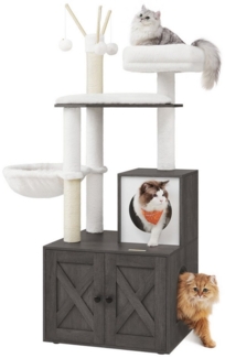 Feandrea Kratzbaum mit Katzenklo-Schrank, 151 cm hoch, 2-in-1 Katzenbaum, Schrank für Katzentoilette, mit Sisalstämmen, abnehmbaren Plüschbällen, Nebelgrau