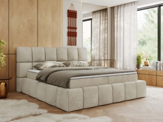 Boxspringbett mit dekorativem Kopfteil, Doppelbett mit zwei 7 Härtezonen Multipocket-Matratzen, Bettkästen, Polsterbett - NIRA - 180 x 200 cm - Beige Velours - H3
