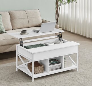 Vasagle höhenverstellbarer Couchtisch mit offenem und verstecktem Stauraum, X-Streben, Spanplatte / Stahl schneeweiß-weiß, 60x100 x (48-62) cm