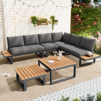 Merax Gartenlounge-Set mit 3 Sofas, Stuhl & 2 Tischen, Grau, 6 Personen