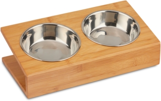 Relaxdays Napfstation, 2x geneigter Futternapf, Bambus natur / Edelstahl silber, 33,5 x 18 x 10 cm