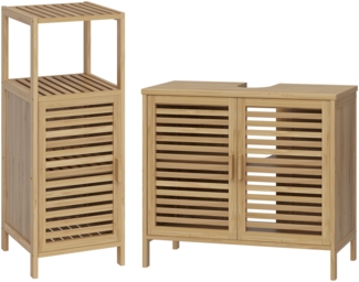 Bellamio 'Newa' Badezimmer Set aus Waschbeckenunterschrank und Badschrank mit 3 Ablagefächern, Bambus, natur
