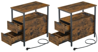 Vasagle Beistelltisch mit Steckdosenleiste und 2 Schubladen, Holzspanplatte, Vintagebraun, 60 x 35 x 61 cm, 2 Stück