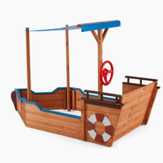 Home Deluxe 'Boot' Sandkasten inkl. Sonnenschutz und Bodenplane, Holz natur / blau, 103 x 78 x 160 cm