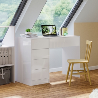 Bellamio 'Livny' Schreibtisch mit 5 Schubladen, beidseitig montierbar, weiß Hochglanz, 75x53x110 cm, Computertisch mit Stauraum, Bürotisch mit Push-to-open, geeignet als Schminktisch