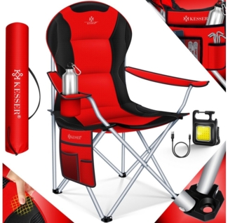 KESSER® Campingstuhl faltbar bis 150 kg Angelstuhl Faltstuhl Klappstuhl Gepolstert mit Armlehnen, Campinglicht und Getränkehalter + Tasche mit hoher Rückenlehne, Strandstuhl, Klapphocker Rot / Schwarz