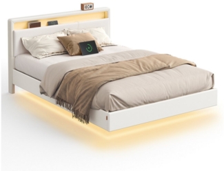 Vasagle Bettgestell mit LED-Beleuchtung und Ladestation, Kunstleder wolkenweiß, 90 x 213 x 147 cm