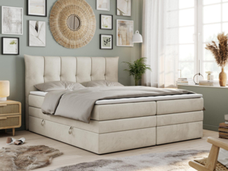 Boxspringbett 7-Zonen Taschenfederkernmatratze und Topper - PREMIUM-10-KING - 200x200cm - Beige Velours - H3